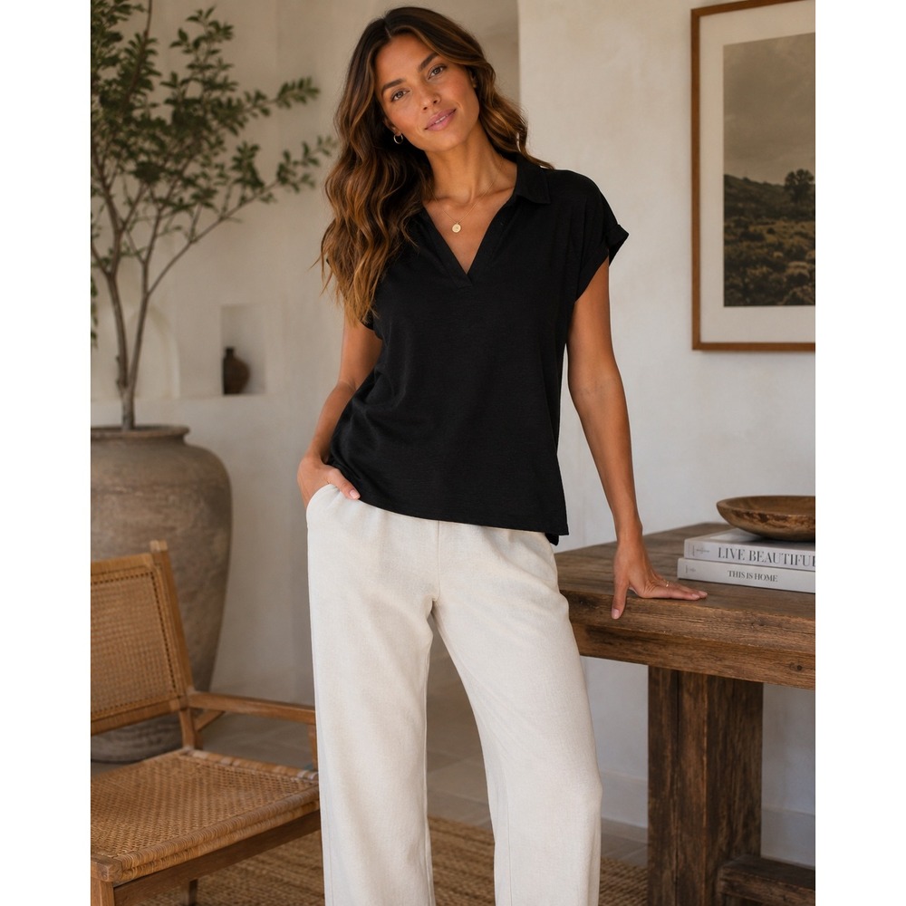 Banana Republic Polo Shirt Women XXL Black Quiet Luxury Minimalist Linen Blend